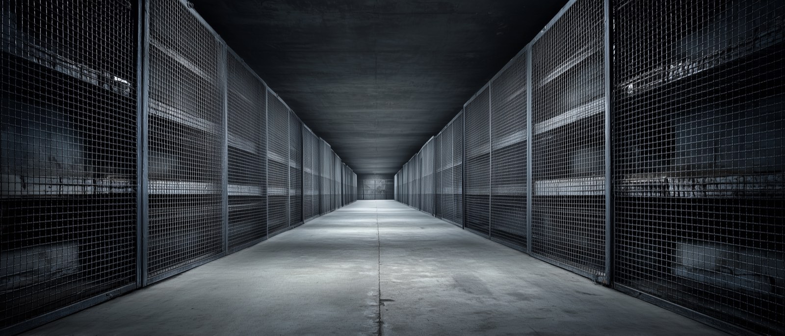 a long corridor of steel vault cages