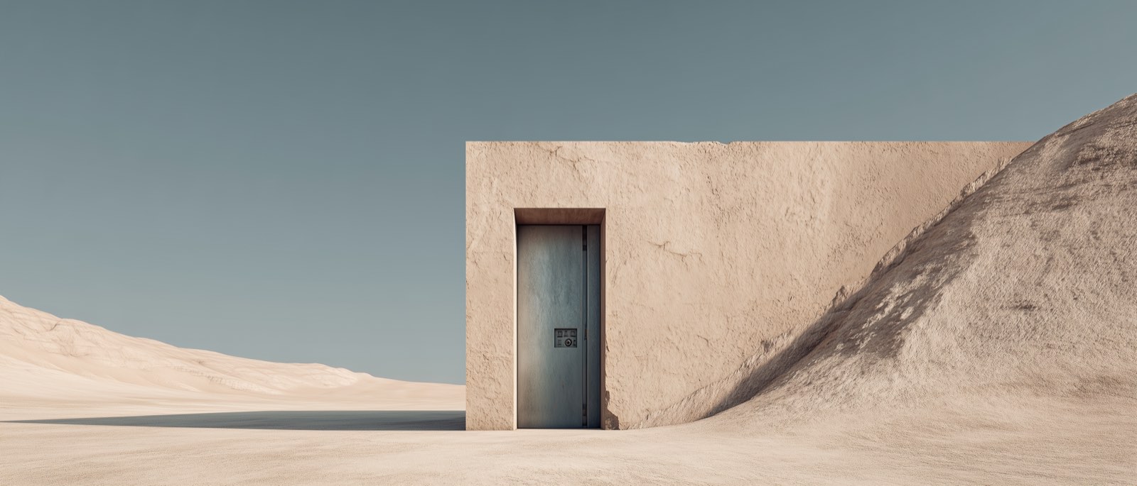 a steel vault door set in a pale wall under open sky